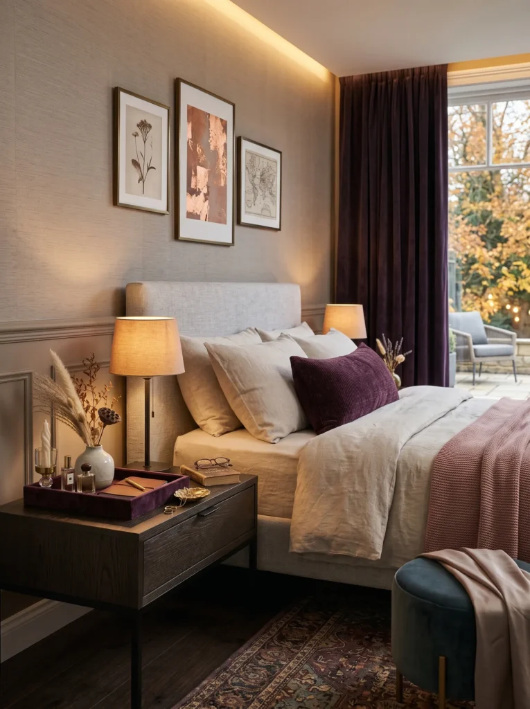 Aubergine plum velvet nightstand with antique bronze lamp, ivory ceramics, smoked oak, and neutral linen bedding.