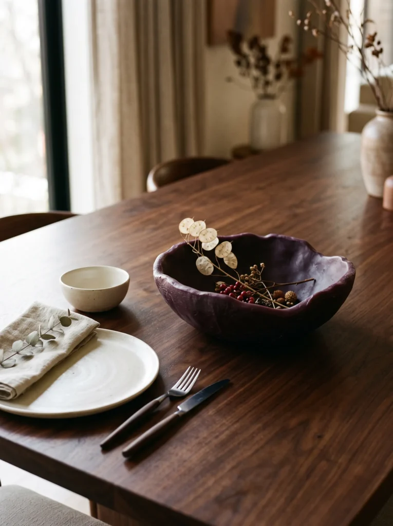 Sculptural aubergine plum wax bowl styled with ivory ceramics and dark walnut for an elegant fall centerpiece.