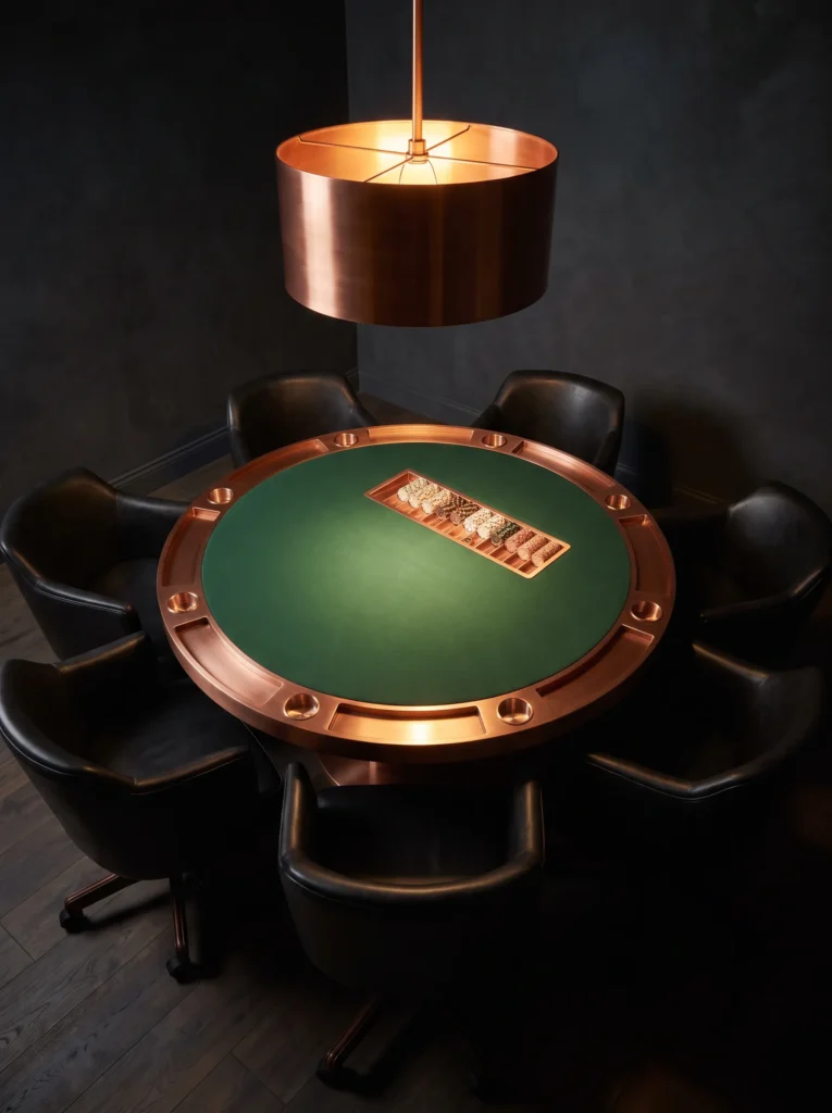 "Charcoal and copper poker room with pendant light over table"