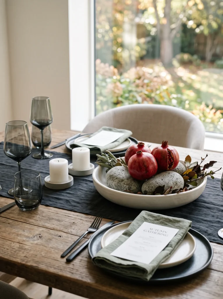 Fall table centerpiece ideas with garnet pomegranates, sculptural stones, chalk ceramic, graphite linen, and sage accents.