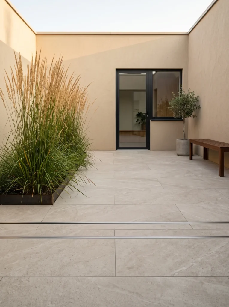 Modern porcelain gutter downspout drainage idea with a slim linear drain aligned between large-format patio pavers.