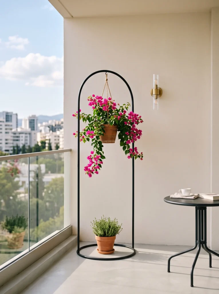 Black iron arch stand with bougainvillea on balcony.