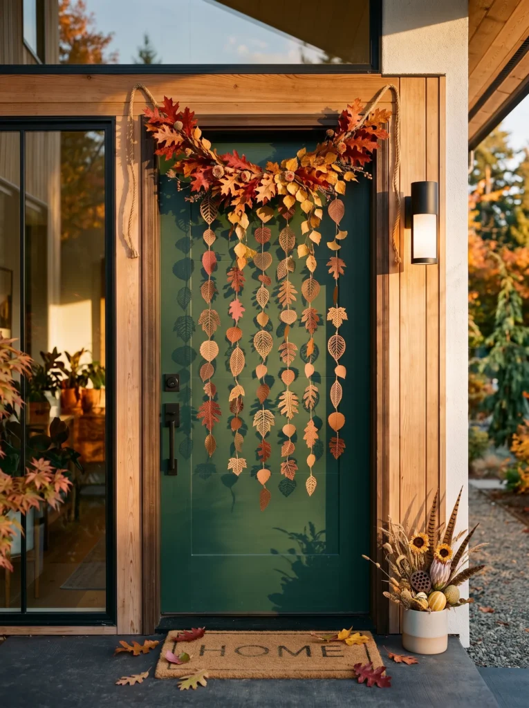 Glycerin-preserved oak and birch leaf swag above a deep green front door.
