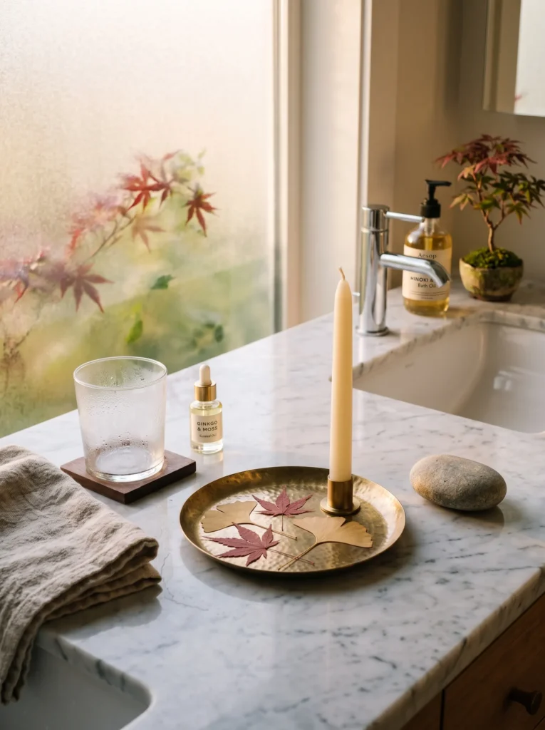  Pressed Japanese maple and gingko leaves styled in a brass bathroom tray