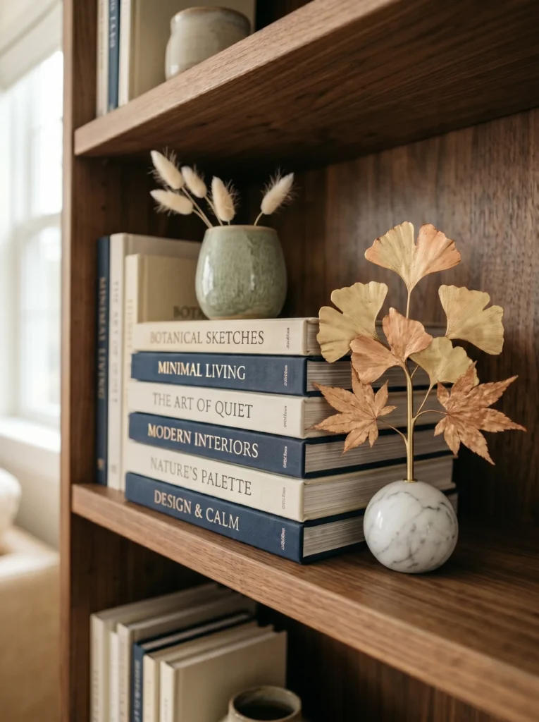Pressed sweetgum leaves styled with books and a small stone on a walnut shelf.