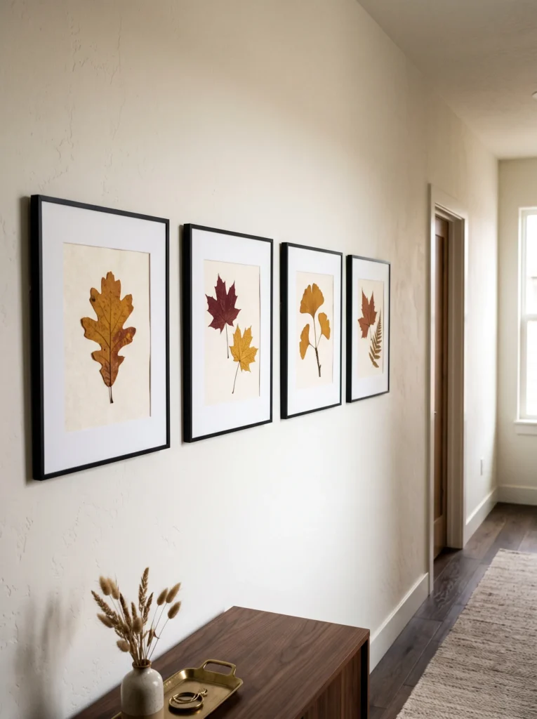  Pressed ochre and russet leaves displayed in thin black frames along a refined hallway for autumn decor.