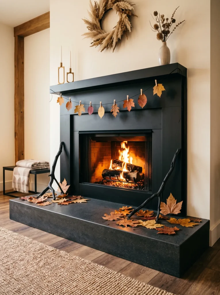Pressed oak and sycamore leaves arranged across a stone fireplace hearth.
