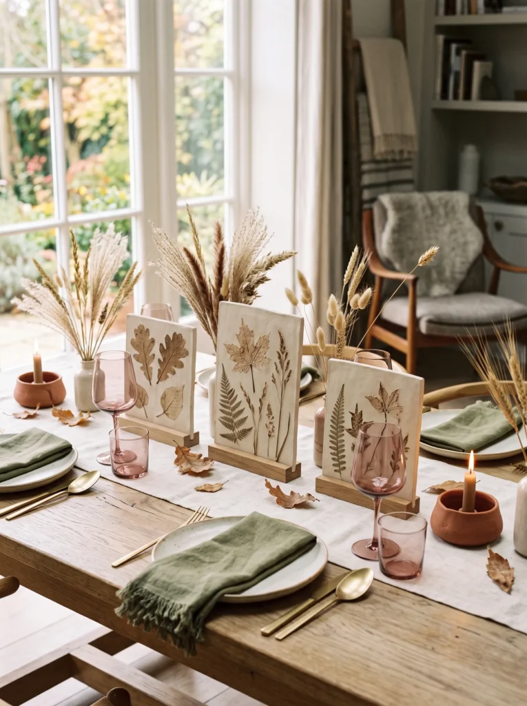  Fall table centerpiece ideas with handmade clay panels featuring pressed autumn leaves, dried grasses, cream linen, and moss-green accents.