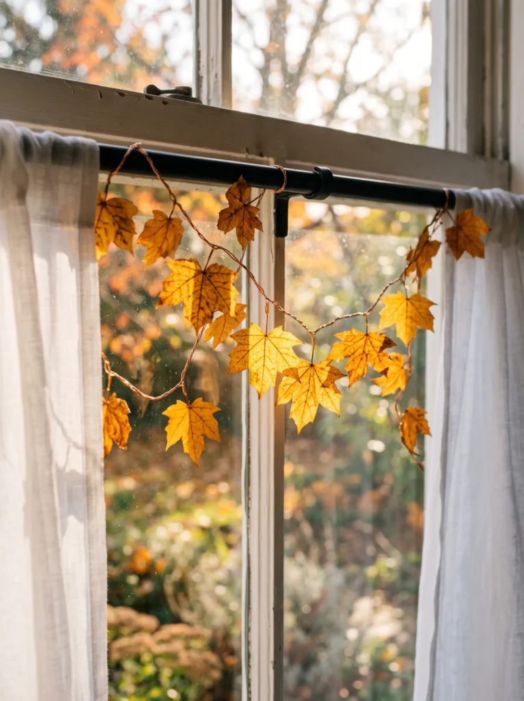 Pressed amber and rust leaves hanging as suncatchers in a bright kitchen window.