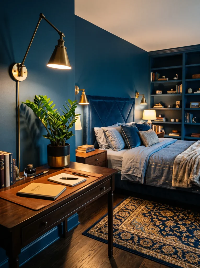 Prussian blue and gold bedroom with built-in shelves, brass library sconce, velvet headboard, writing desk, and ZZ plant.