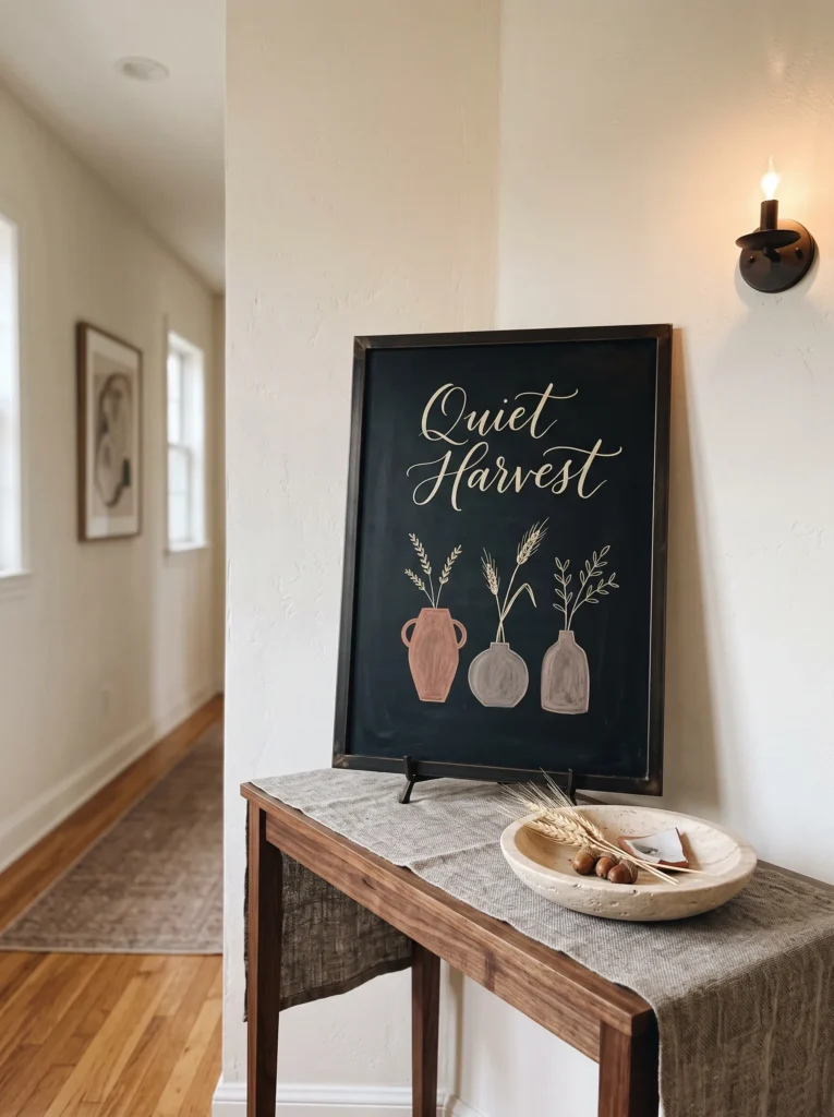 Sophisticated fall chalkboard reading “Quiet Harvest” with abstract vessels and terracotta stems on a hallway console.