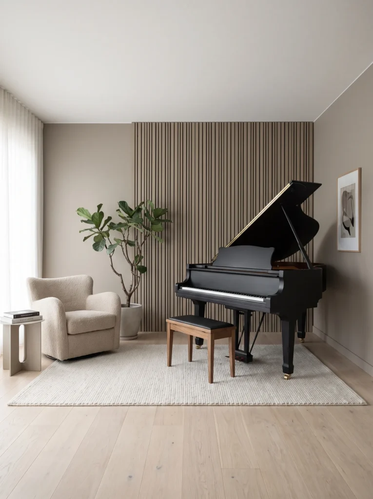 "Quiet luxury music room with matte black piano and wood-slat wall"