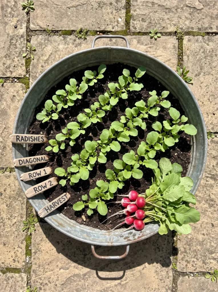 A vintage galvanized washtub on a stone patio, planted with diagonal rows of radish greens and a few pulled red-and-white roots resting on the rim. Small driftwood plant markers line one edge. Bright midday sun, slight shadow play. Overhead angle showing the full diagonal planting pattern.
