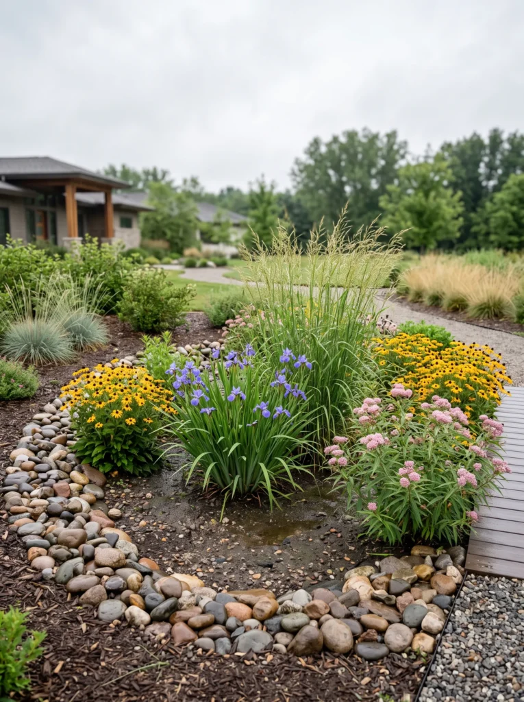 Rain garden basin with switchgrass and blue flag iris.