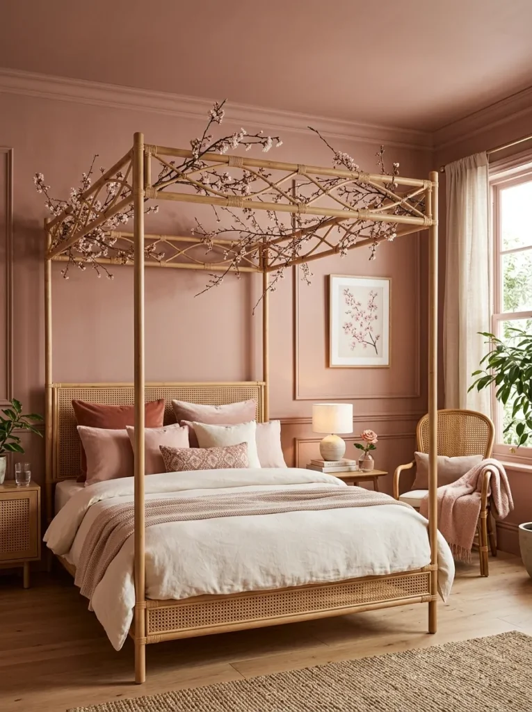 Rattan canopy bed woven with dried cherry blossom branches