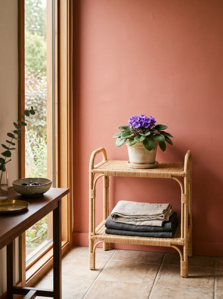 Woven rattan tiered plant stand with a blooming African violet in a home entryway
