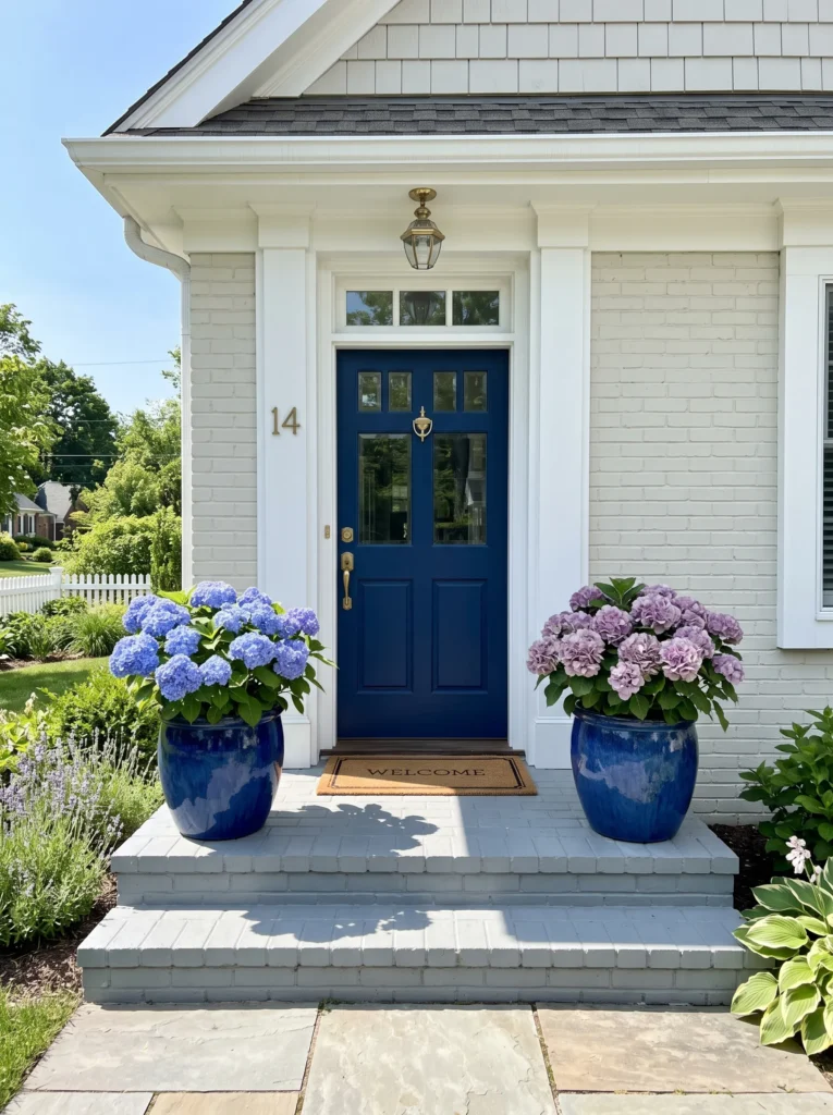  Front entryway: two matching glazed ceramic planters flanking a navy front door, one filled with periwinkle-blue hydrangeas, the other with dusty mauve blooms. Bright natural daylight, crisp shadows on painted brick steps. Symmetrical framing, moderate negative space above the door.