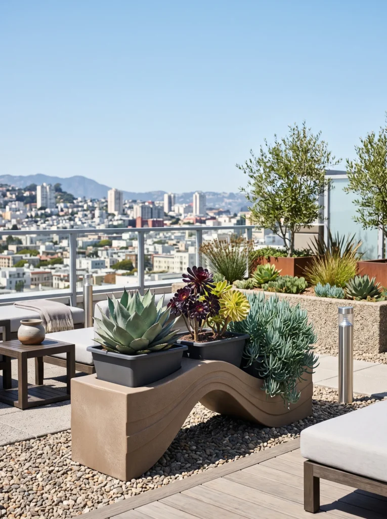  Recycled-plastic wave stand with agave on the rooftop.