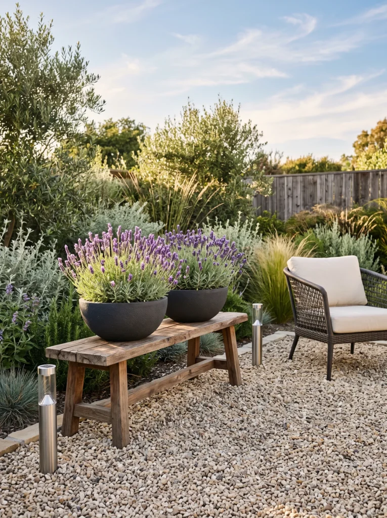  Reclaimed timber bench with lavender on the terrace.