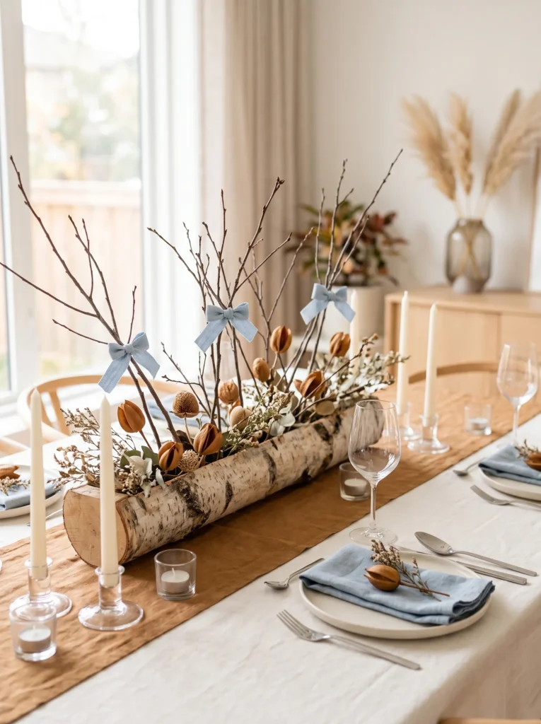  Fall table centerpiece ideas with powder-blue ribbon-wrapped birch branches, caramel seed pods, ivory linen, and clear candle holders.