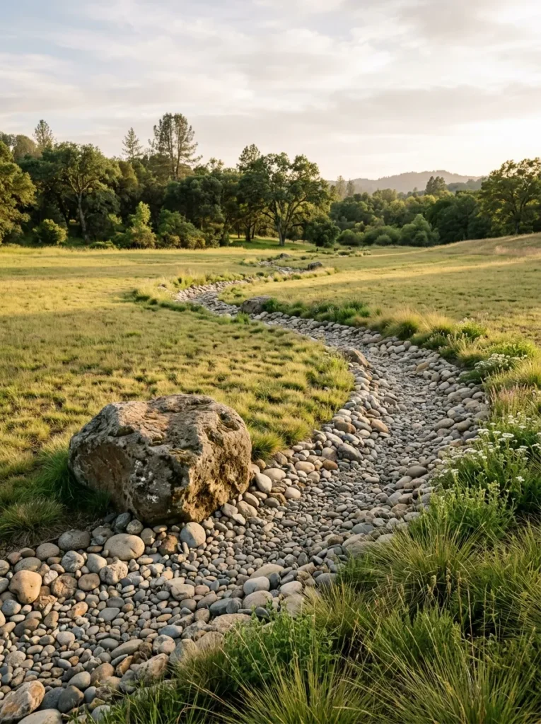 River rock gutter downspout drainage idea forming a curved dry creek bed through a farmhouse-style garden.