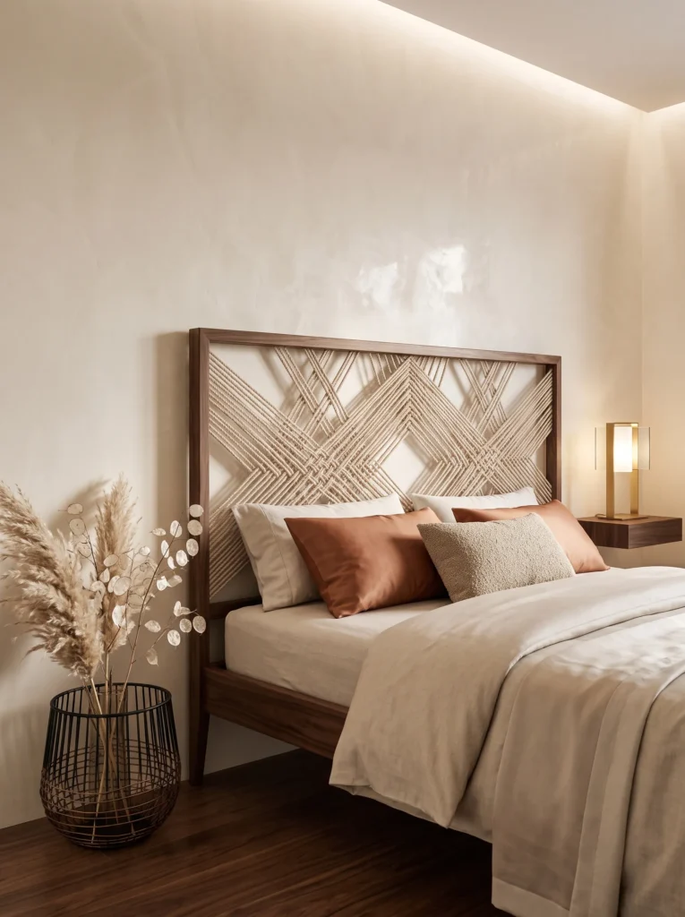Natural jute rope crisscross DIY headboard on angled wood legs with warm evening light.