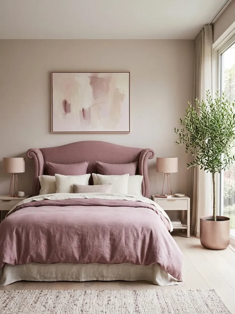 Camelback mauve linen headboard with rose-gold nightstand lamps