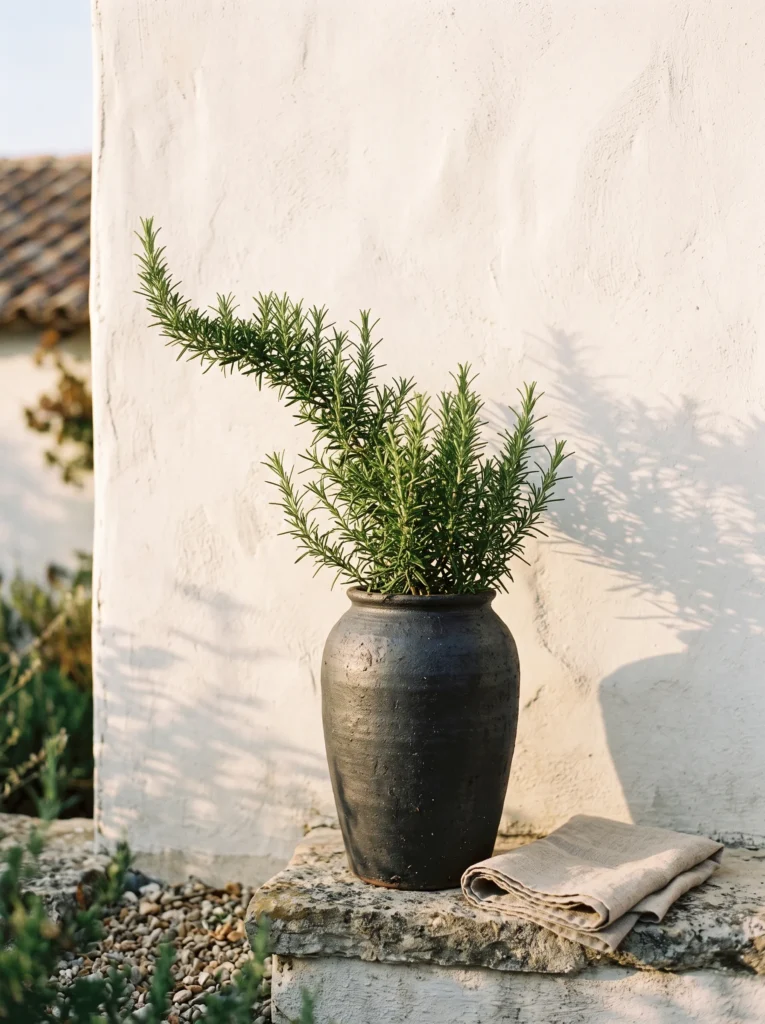 Fall herbs to grow in a tall charcoal ceramic pot, featuring arching rosemary stems against a warm autumn backdrop.