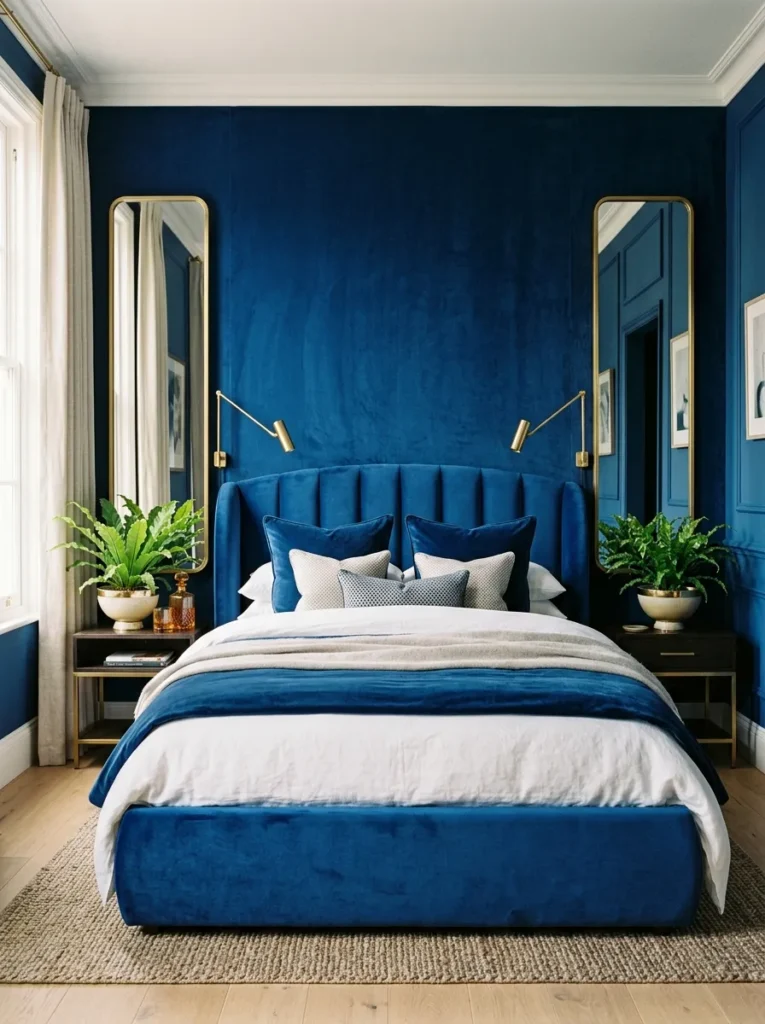 Royal blue and gold bedroom with curved velvet bed, gold-framed mirror, brass reading lamp, and bird's nest fern.