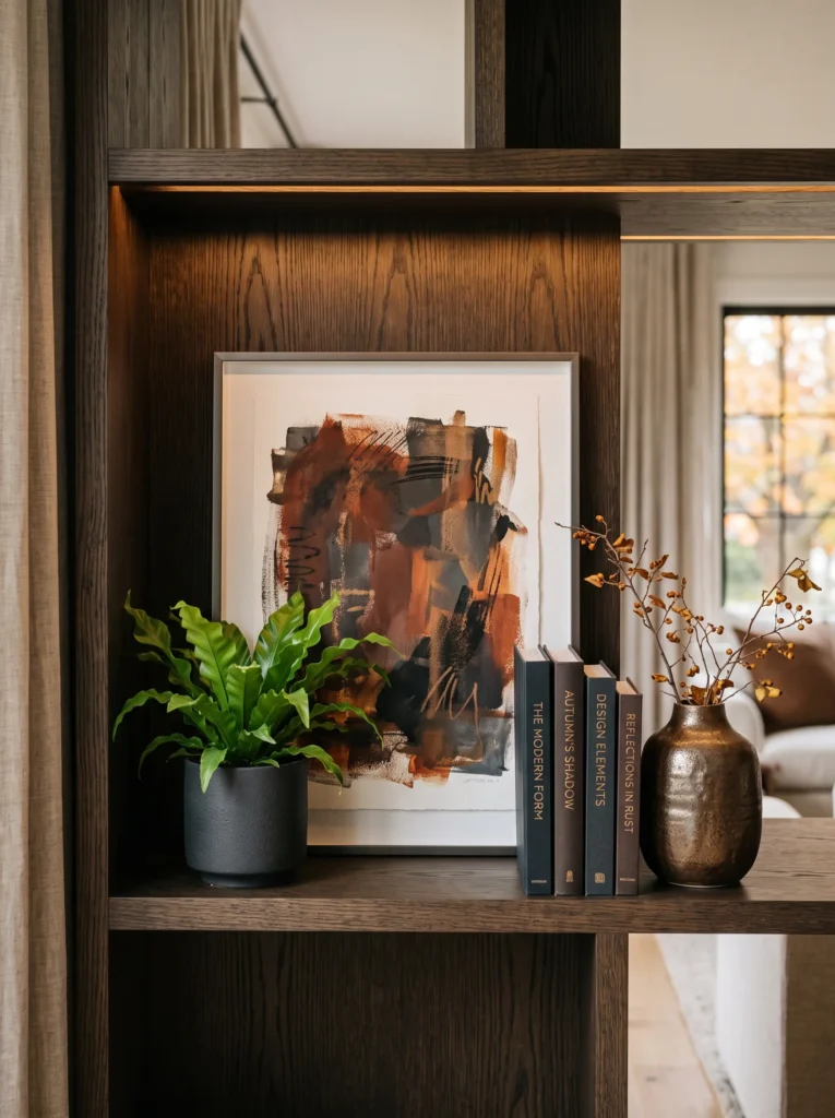 Rust and charcoal fall bookshelf with abstract artwork, bronze stoneware, and bird's nest fern.
