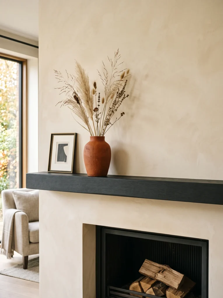 Matte burnt-rust ceramic vase with sparse dried grasses styled on a charcoal fireplace mantel.