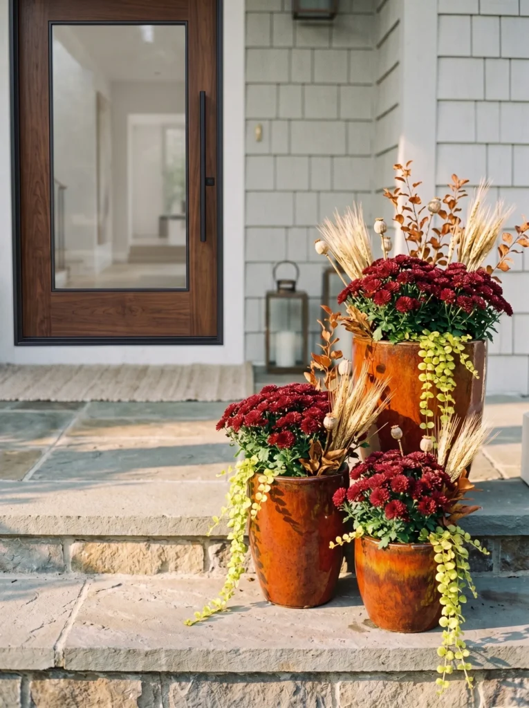 Rust ceramic planters with burgundy mums on a porch step.