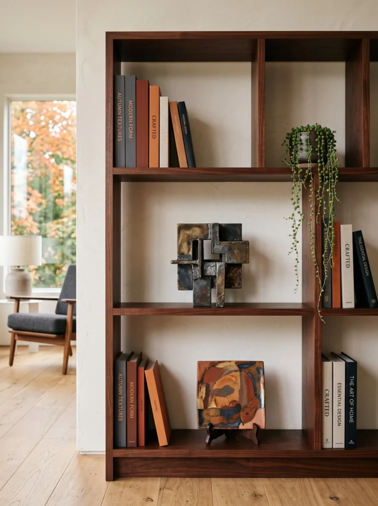  Rust books, folded-metal sculpture, clay tile, and string of pearls on a modern fall bookshelf.