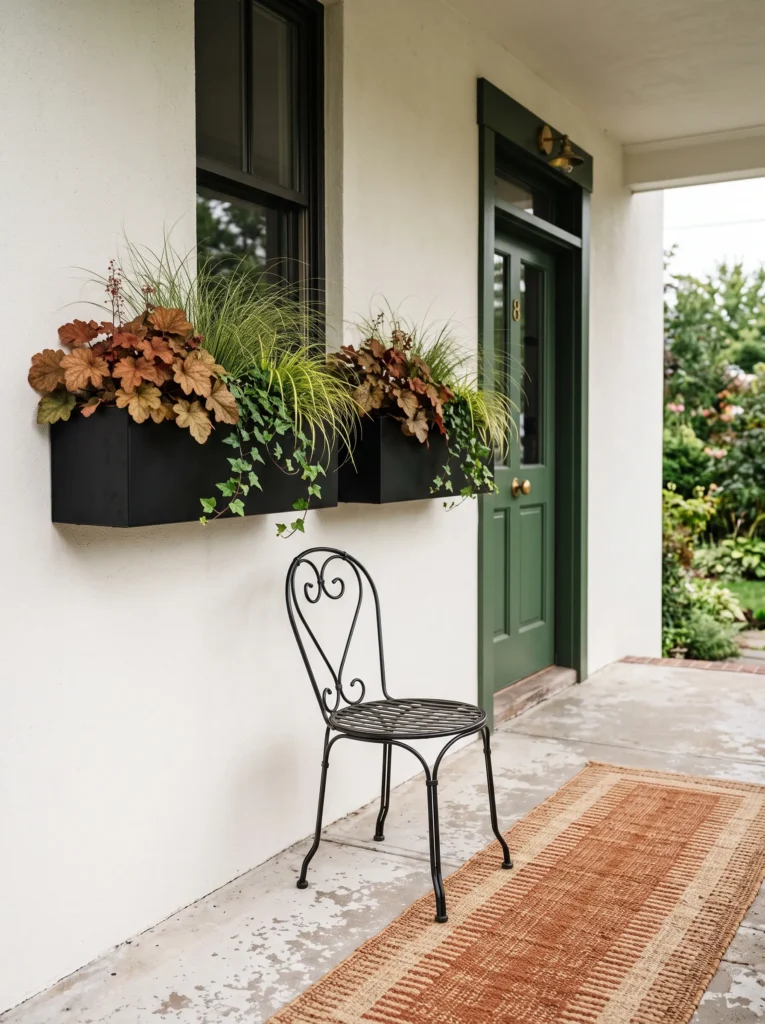Narrow fall porch with steel railing window boxes filled with ornamental grasses and bronze-leaf coral bells beside a black bistro chair.