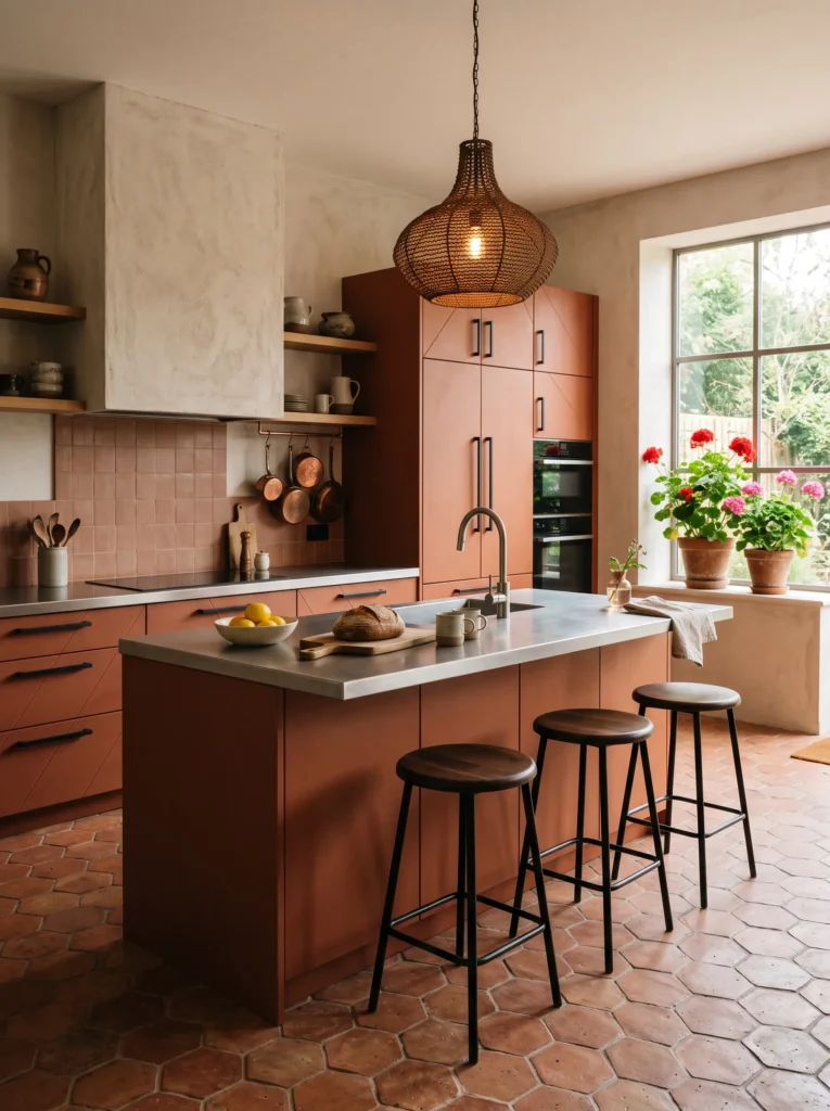 Rust terracotta angled-panel cabinetry with brushed stainless steel countertop