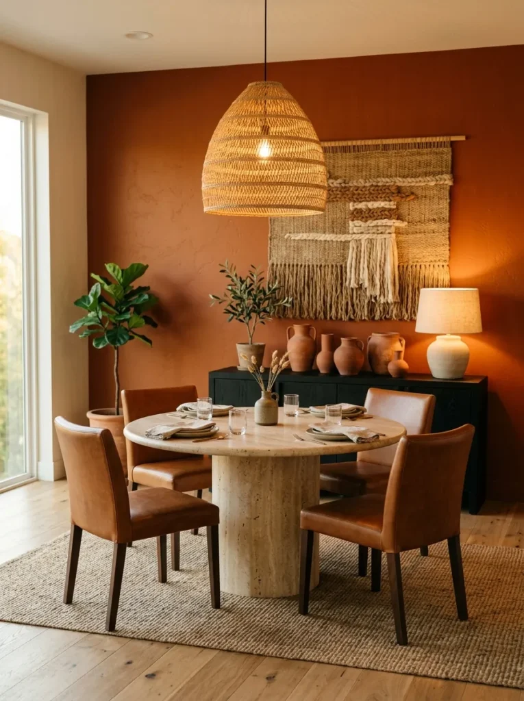 Rust-orange dining room wall with a round travertine table