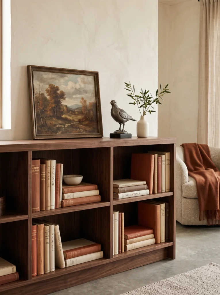 Rust and ivory books with vintage landscape artwork, pewter bird, and olive stem on a fall bookshelf.