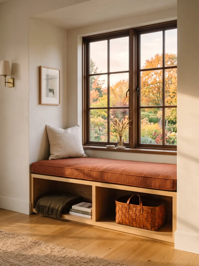 Rust wool window bench with cream linen pillow, tobacco leather basket, natural oak, and golden autumn sunlight.