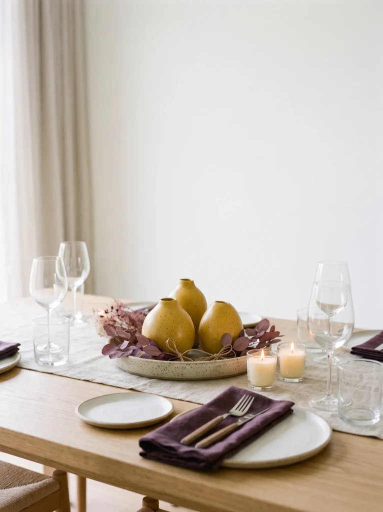  Fall table centerpiece ideas featuring saffron ceramic forms, muted plum leaves, natural flax runner, ivory votives, and white tableware.