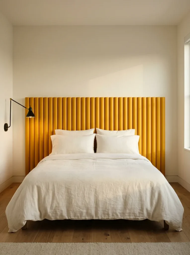 Saffron-yellow fluted DIY headboard with ivory bedding and a blackened-brass wall sconce.