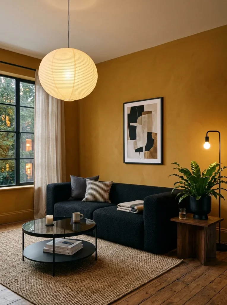 Deep saffron-mustard walls with a black bouclé sofa