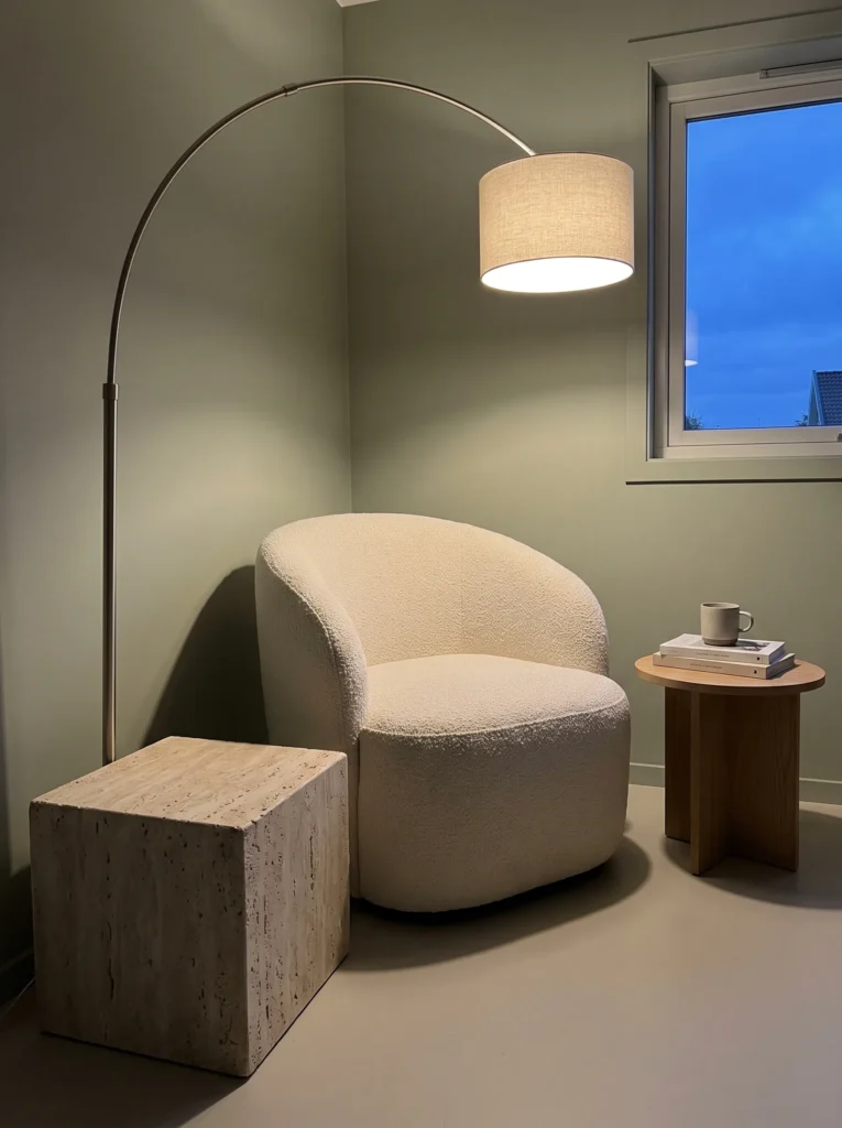 Travertine-based arc floor lamp glowing beside a bouclé chair in a sage green bedroom.