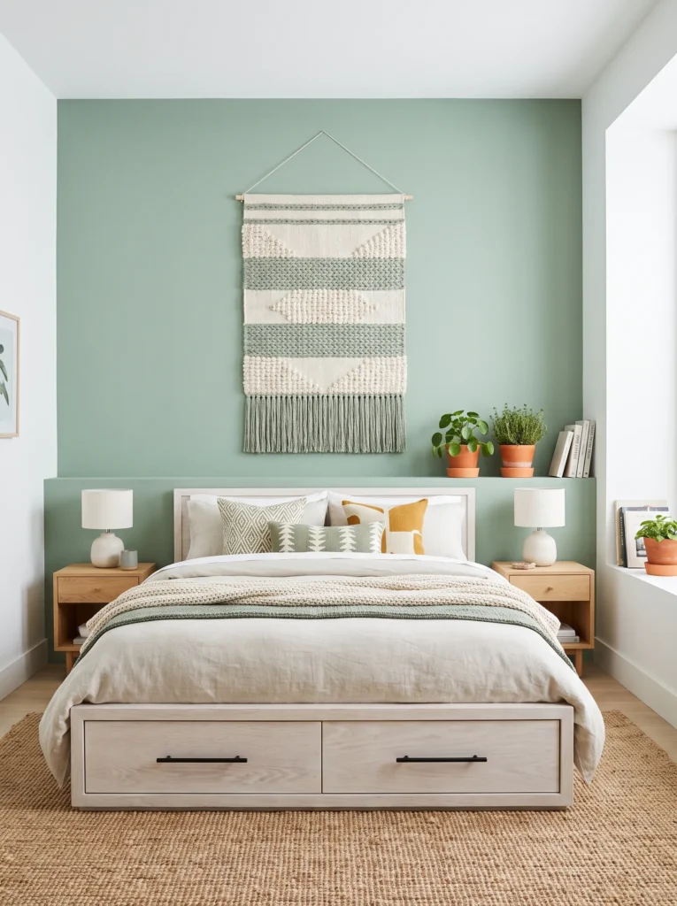  Soft sage bedroom with whitewashed oak bed, woven wall art, pilea, thyme, and bright daylight