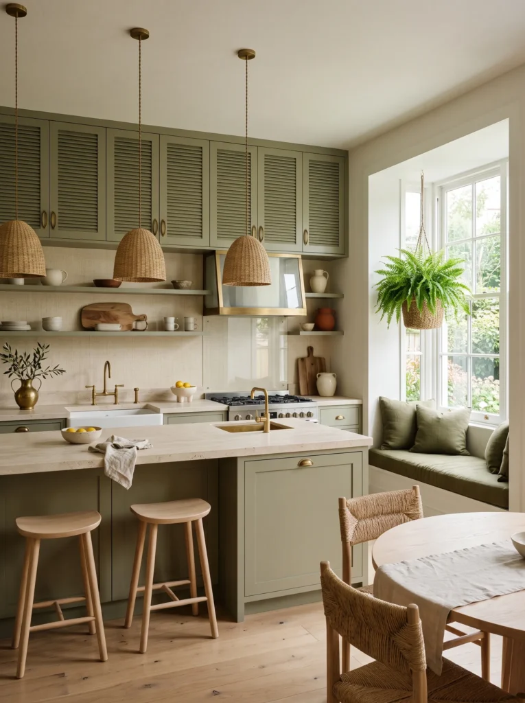  Sage-olive louvered cabinet doors with a built-in window nook banquette.