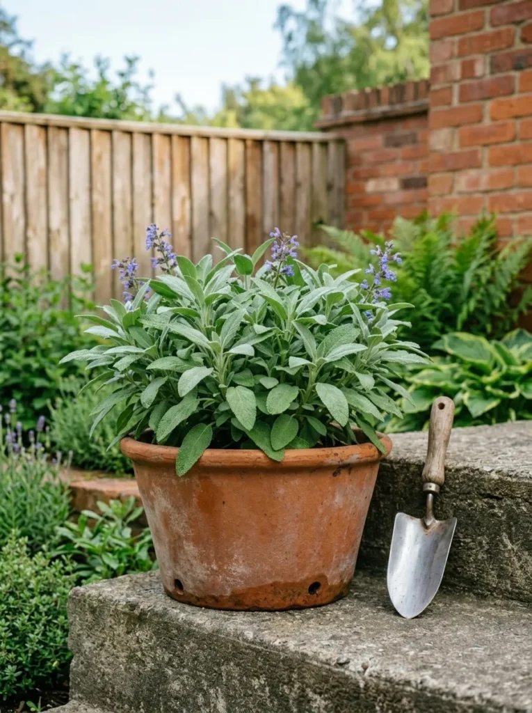  Fall herbs to grow in a wide unglazed terracotta pot, featuring healthy sage with silvery foliage and excellent drainage.