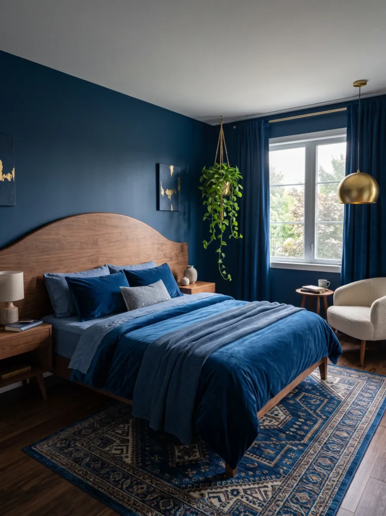 Sapphire blue and gold bedroom with velvet bedding, walnut headboard, hammered gold pendant, Moroccan rug, and trailing pothos.