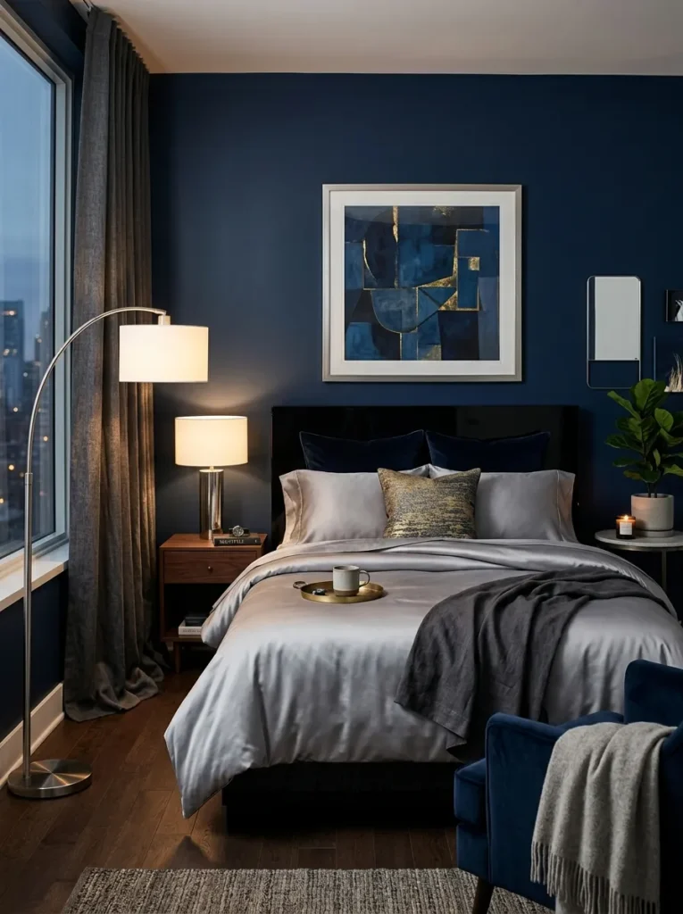 Deep navy-sapphire walls with a black lacquered headboard