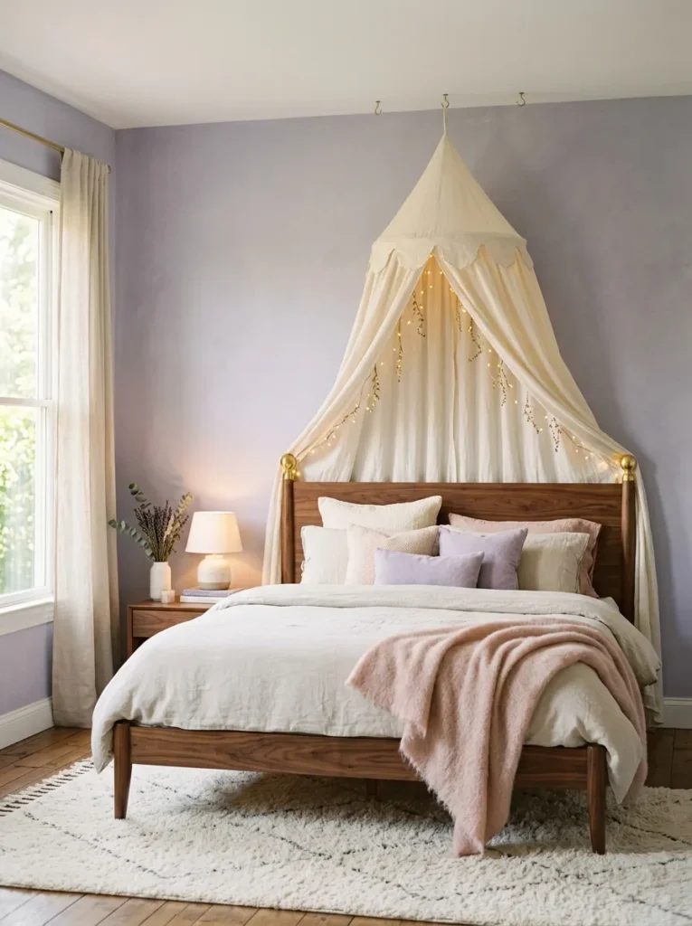 Scalloped linen canopy above a walnut bed in a lavender-gray bedroom