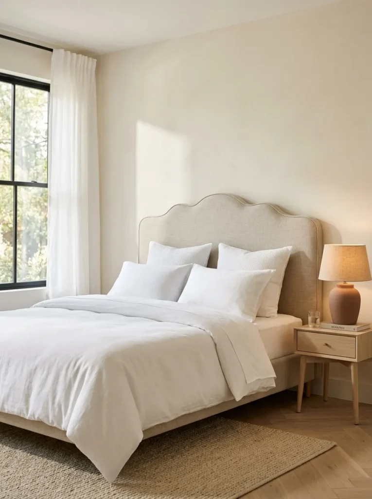 Oatmeal linen scalloped DIY headboard with white bedding and a terracotta ceramic lamp.