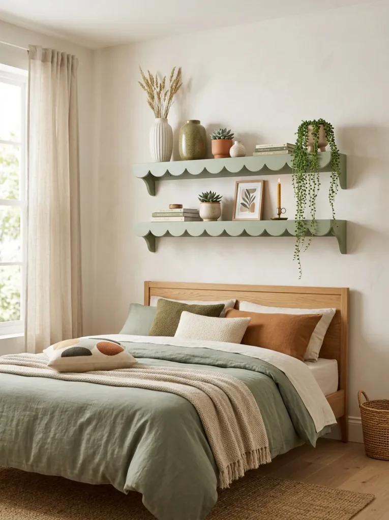  Sage scalloped shelves above a bed styled with ceramic vases and a trailing plant.